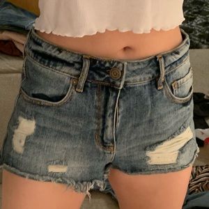 high waisted distressed denim shorts
